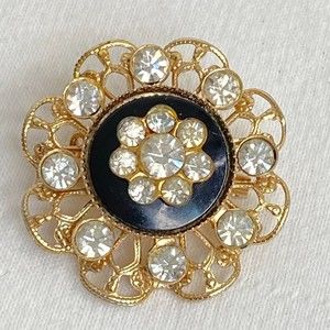 Flower Brooch Clear Rhinestones On Black Stone In Gold Tone Filagree Setting